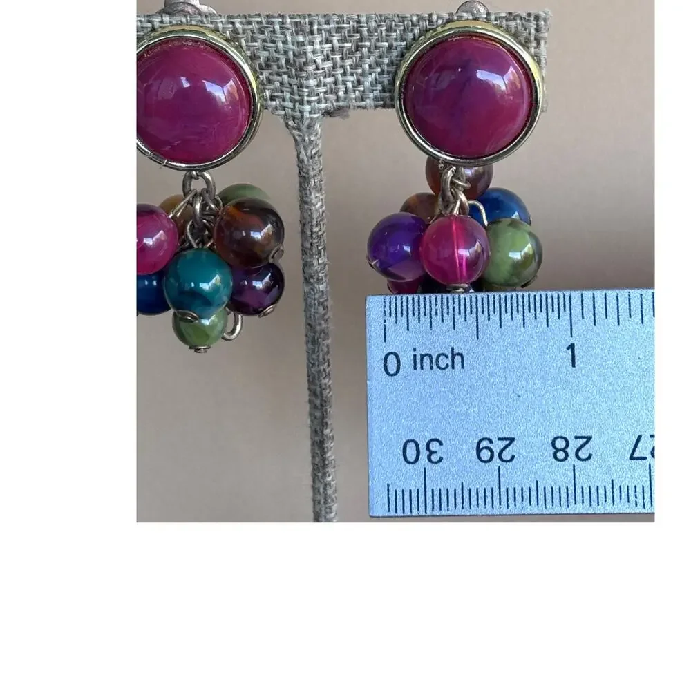 Vintage 80's Enamel & Jewel Tone Beaded Drop Dangle Earrings